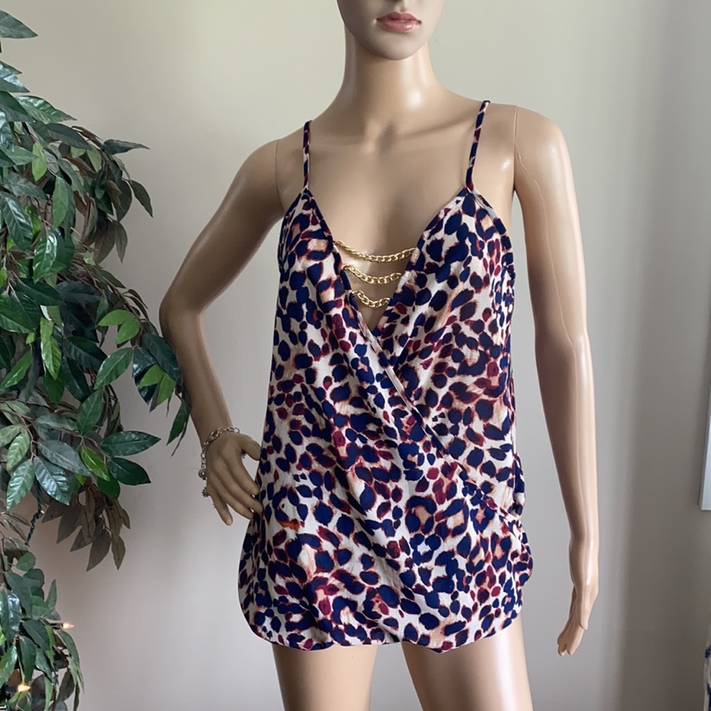Animal Print Dressy Faux Wrap Tank Top by Venus w/Gold Chain Accent. Size Medium